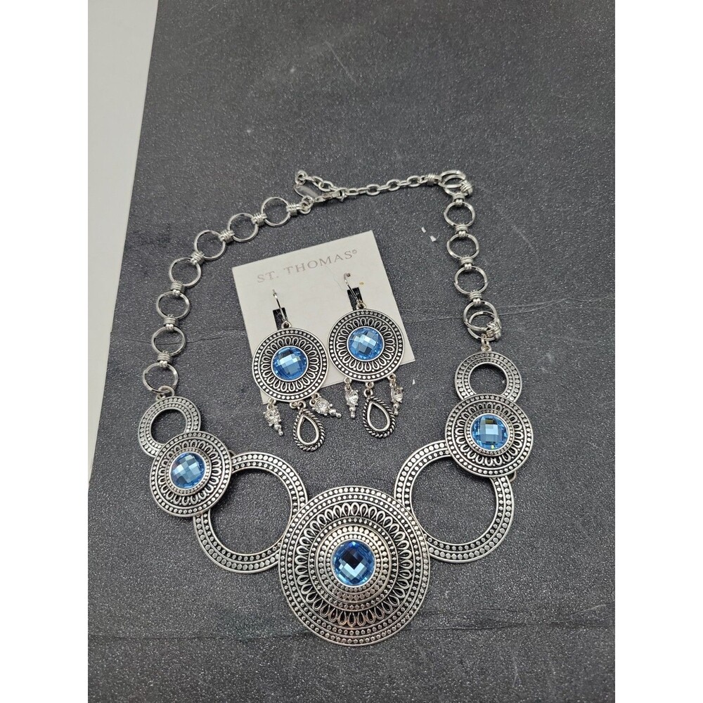 St. Thomas Silvertone Blue Necklace And Earring Set Medallion Pierced